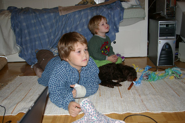 Pojat ja Pupu katsoo telkkaria